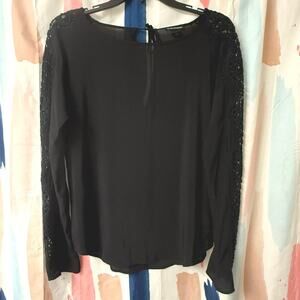 Club Monaco Black Silk Crochet Long Sleeve Tie Back Blouse Size XS
